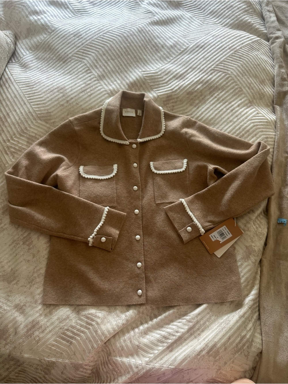 Cyrus Camel Jacket with White Trim and Pearled Buttons